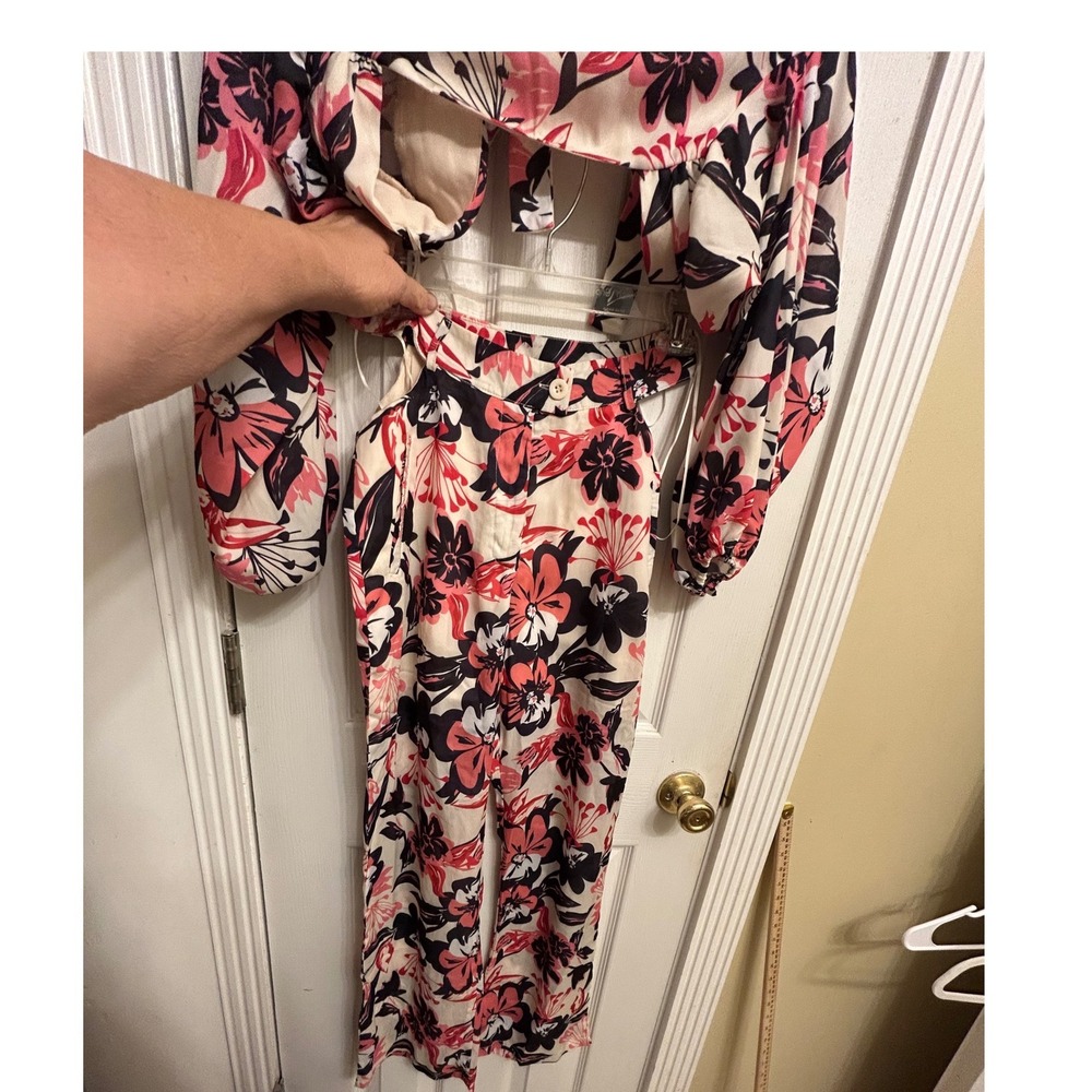 Rosewater Floral Print Two Piece Set Crop Top Wide Leg Pants Pink Black NEW
